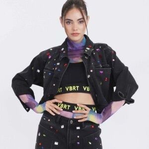Rainbow Rhinestone bedazzled denim jacket nwot
